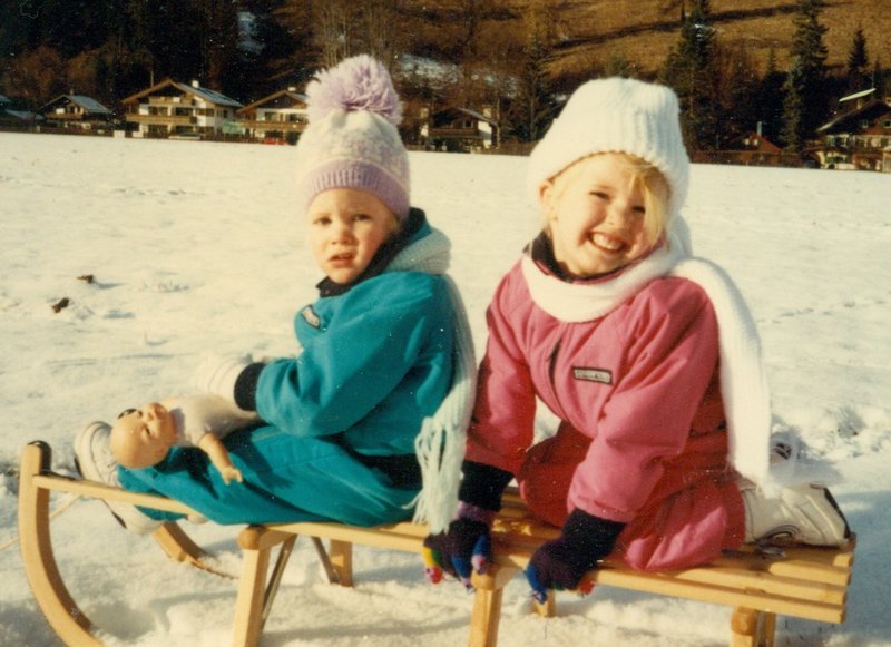 Rosanna and Tamara sledding in Garmisch