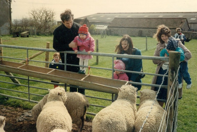 Robin with Claire, Rhonna with Rachel and Rosanna and Linda with Will at the sheep farm
