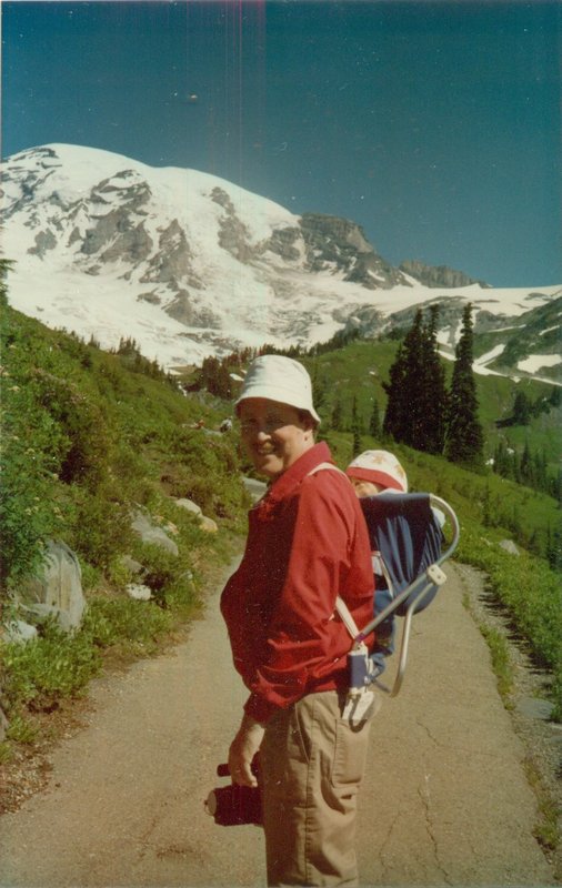 Bob with Will hiking towards Mt Ranier from Paradise Lodge