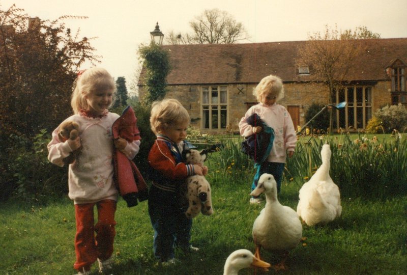 Tamara, Will and Rosanna with the ducks at Lower Farm Cottages, Blockley, Cotswolds