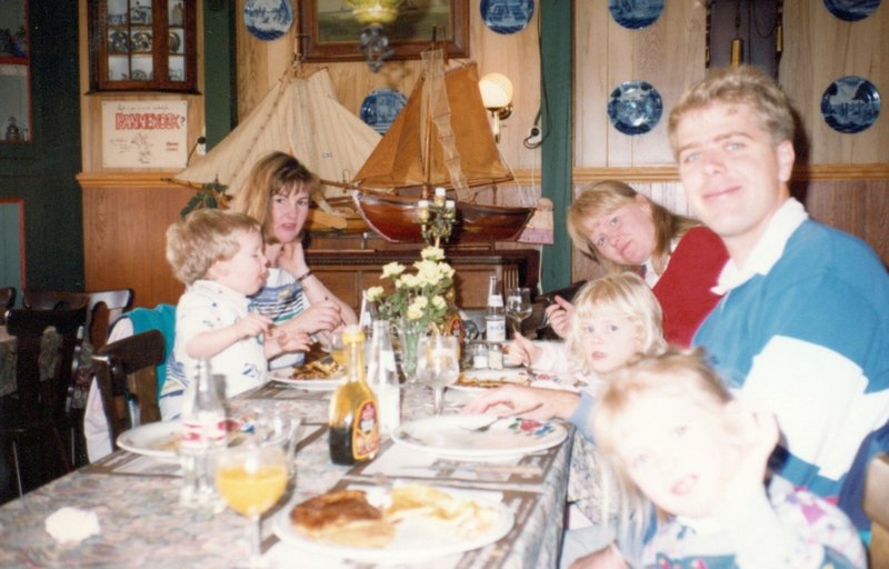 Linda, Carol, Steve with the kids eating pannekoeken in Holland