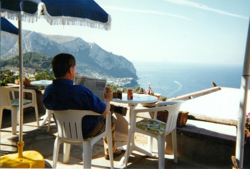Bob looking over the Amalfi Coast from the hotel balcony in Positano