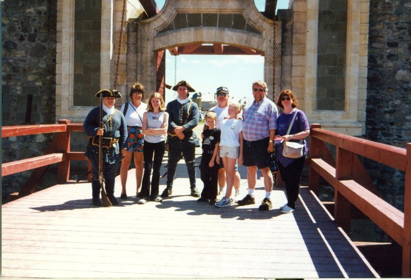 Kathy Rosanna, Will, Buz, Tamara, Bob and Linda at the entrance to Louisbourg Fortress, Nova Scotia