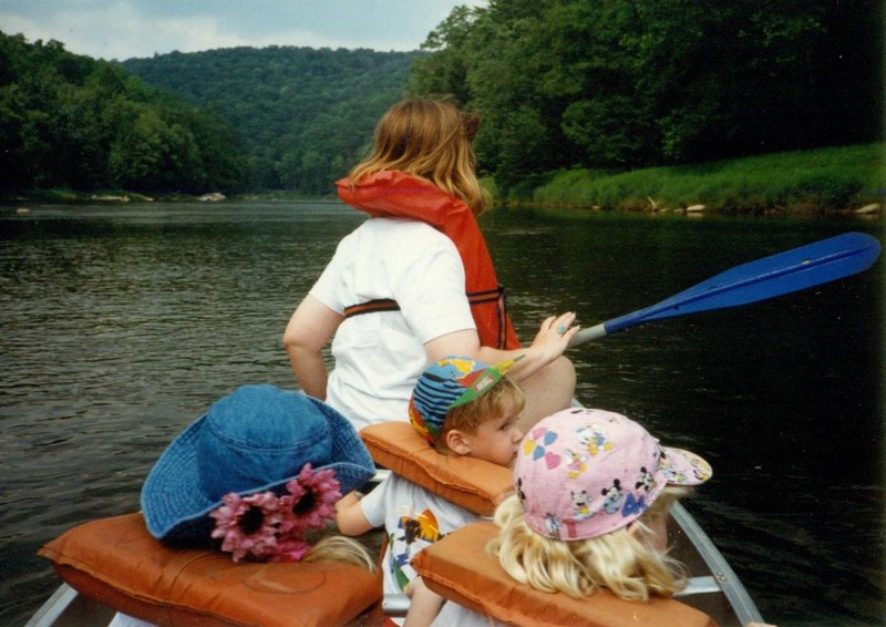 Linda, with Tamara, Will, and Rosanna, canoeing on the Clarion River