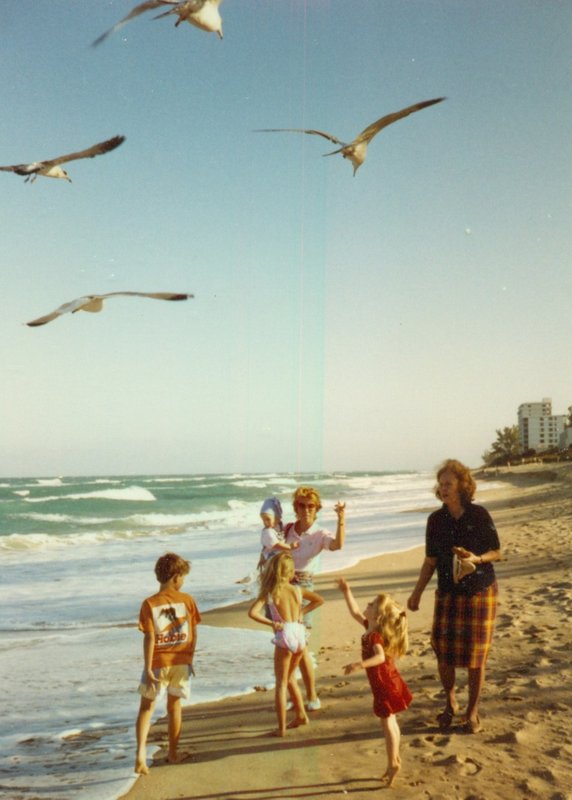 Seagulls, Mom and Sue with the kids at the beach