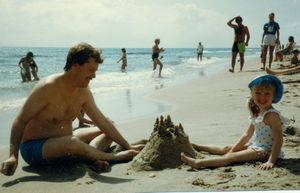 Bob and Tamara building a sand castle