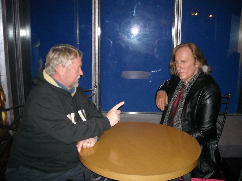 Bob having a discussion with Gerard Depardieu at Madame Tussaud's Wax Museum 