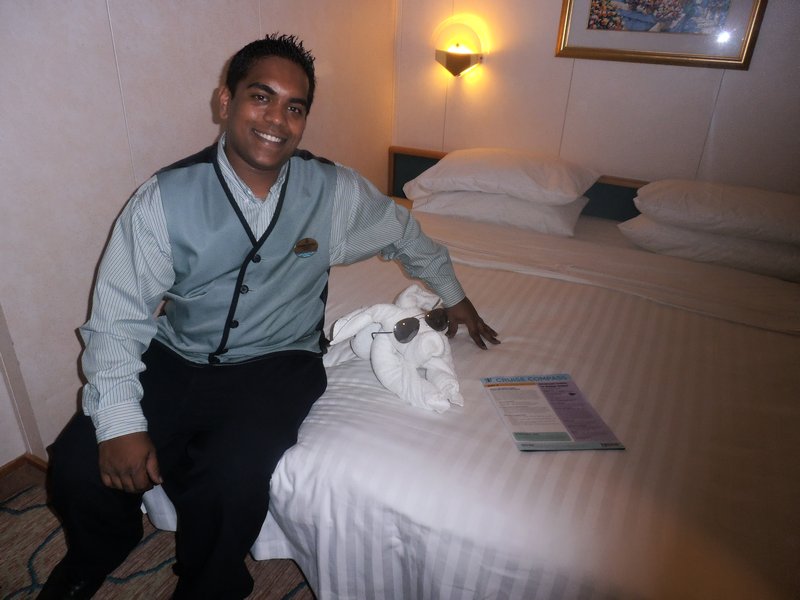 50 Stateroom Attendant Mohamed from Mauritius, with the towel bunny he made for us