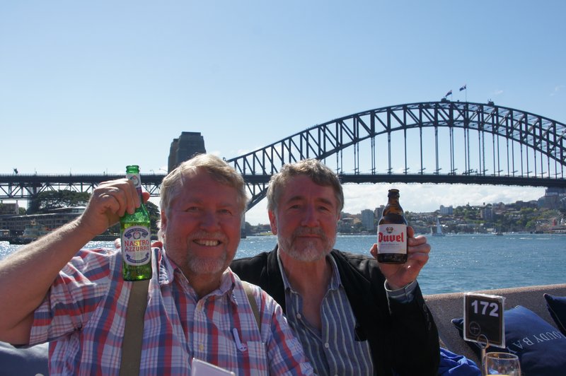 Bob and David with Belgian Beers and Harbor Bridge (Courtesy of Dancing Dave)