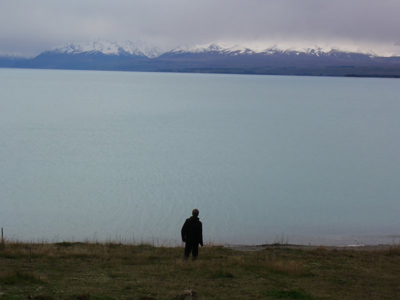 Lake Pukaki with the Mount Cook Range in the cloudy distance 