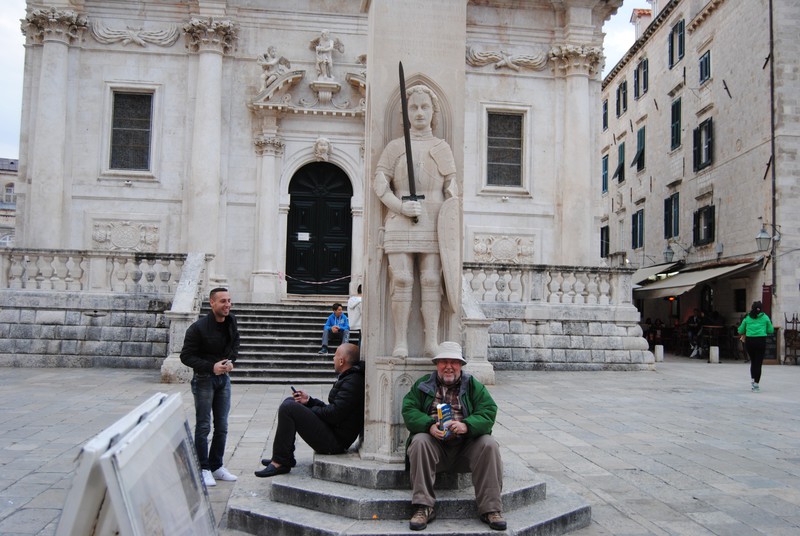 Bob resting at the base of Orlando's Column in Dubrovnik