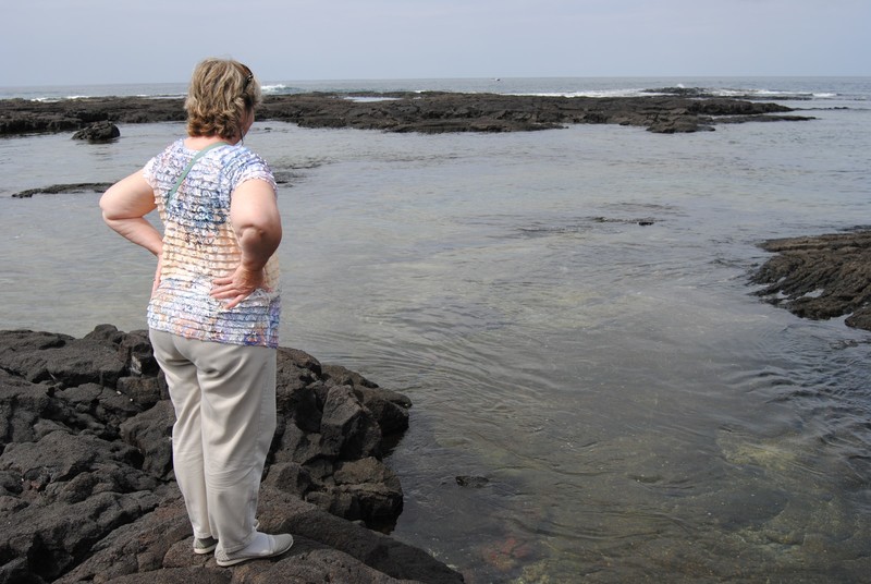 Linda looking for fish at Puuhonua O Honaunau (City of Refuge)