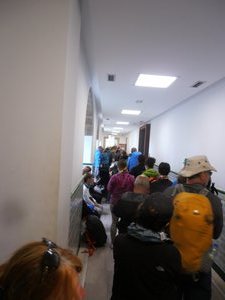 Waiting in line at the Pilgrim Office to receive my Compostela