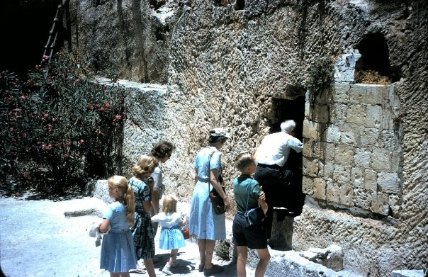 Mom with the kids entering the Garden Tomb, Jerusalem
