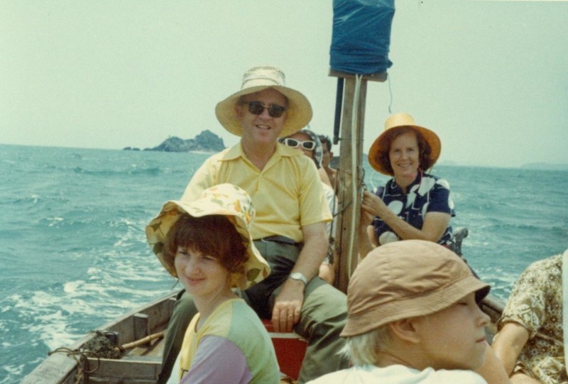 Dad and Mom with Linda taking a fishing boat to an island off the coast of Hua Hin, Thailand