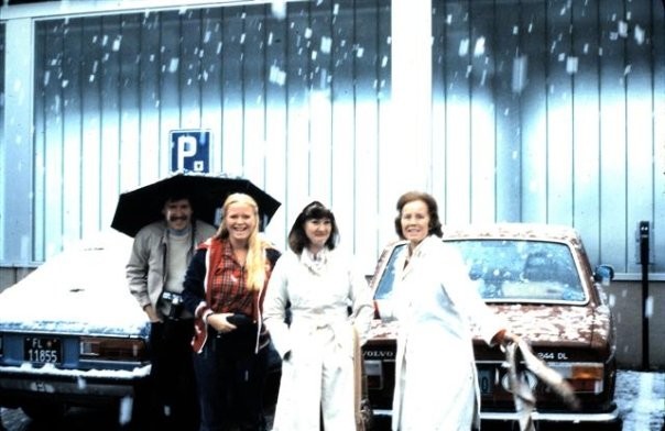 Carol. Linda, and Mom as snow falls in Davod, Switzerland on 9 July