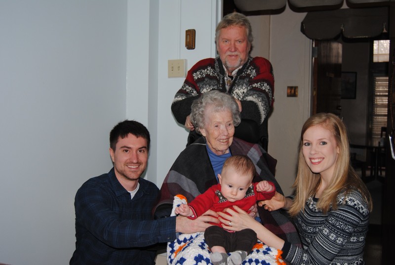 Mom with grandson-in-law Evan, greatgrandson Connor, granddaughter Rosanna, and son Bob