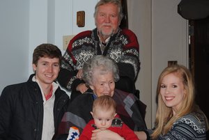 Mom with grandson Will, son Bob, granddaughter Rosanna, and great grandson Connor at Christmas 2015