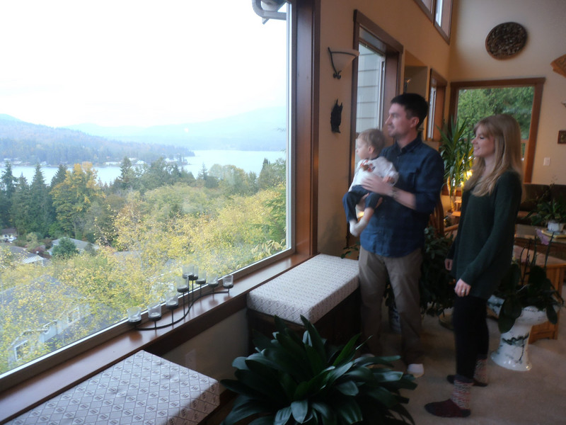 Evan, Rosanna, and Connor admiring the view of Lake Whatcom from Tom and Wendy's home