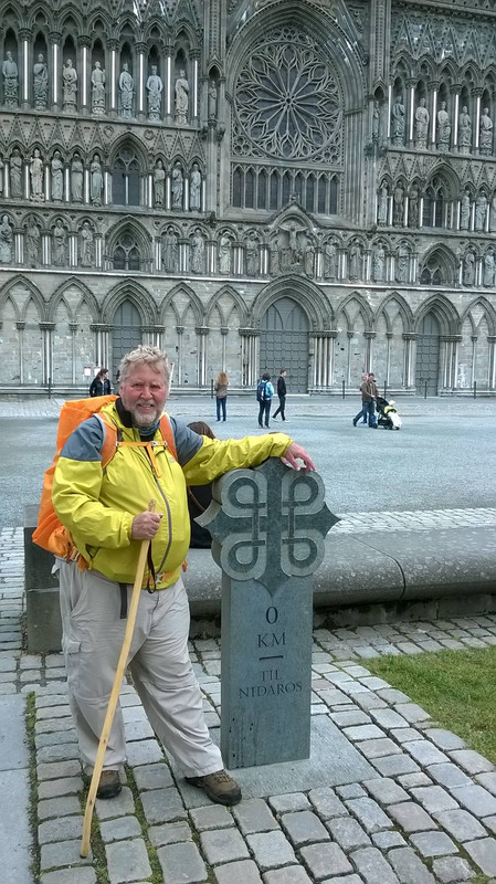 Bob at the 0 km post at Nidaros Cathedral Trondheim