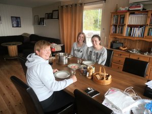 Dinner with Anne, Oda, and Enya at the Oldervik farm on the seventh day