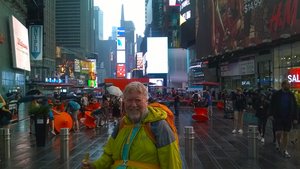 Bob, the St. Olav Pilgrim, passing through Times Square NYC on my way home