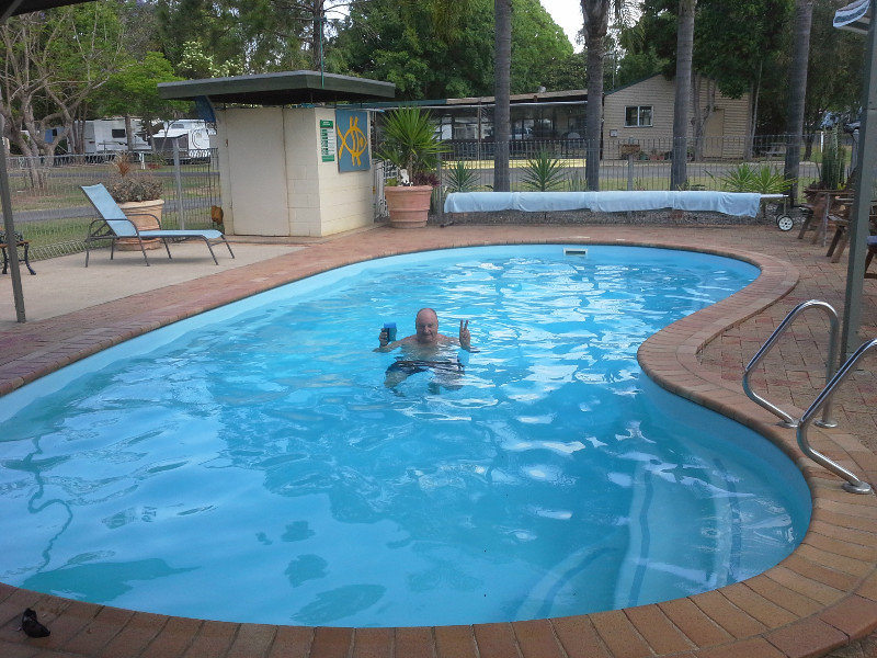 Tony in heated pool at Esk Caravan Park.