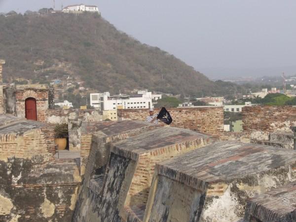 A modern day pirate on top of the fort