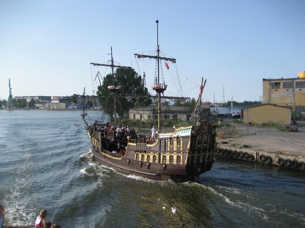 A pirate ship passes