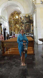 In the church in a bathing suit