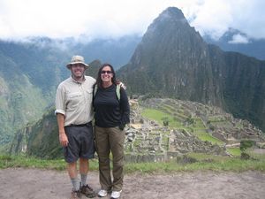 View of Huayna Pichhu towering about Machu Picchu
