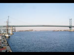 View from Penns Landing of Benjamin Franklin Bridge on the Delaware River, Philadelphia