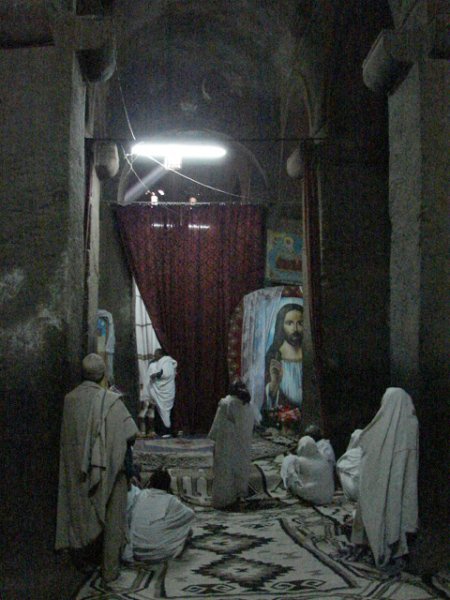 Inside a rock hewn church in Lalibela