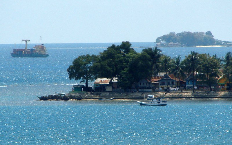 View of island in the bay off the coast from Makassar