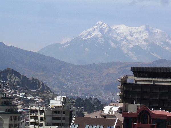 View of Mount Illimani from my hotel in La Paz