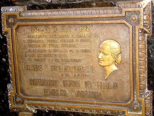 One of a number of tributes to Eva Peron on her family tomb in Buenos Aires.