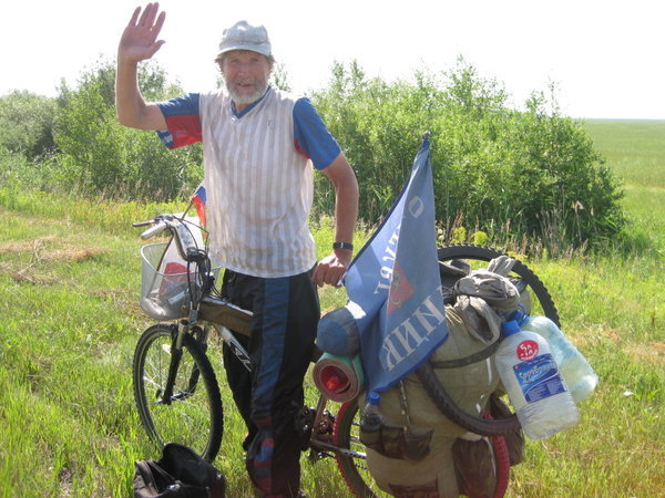 Russian bike tourist in Kazakhstan