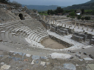 '"..the Theatre was also mentioned in the Acts of the Apostles, which relate the circumstances of the revolt of the silversmiths of Ephesos against the missionary activities of St. Paul." Plaque near theatre