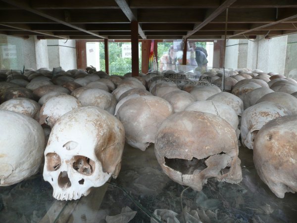 Display of victim's skulls at the Killing Fields of Choeung Ek