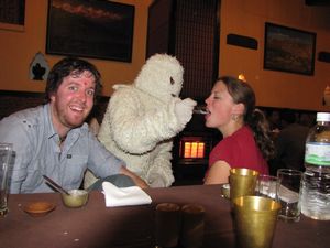 Gemma being fed by the Yeti that joined us after dinner