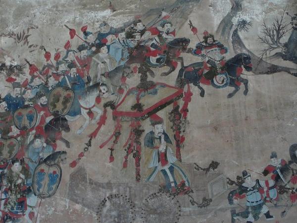 Detail van een zeer oud fresco: keizer Taishan of Zhenzong in het rijtuig op reis.
