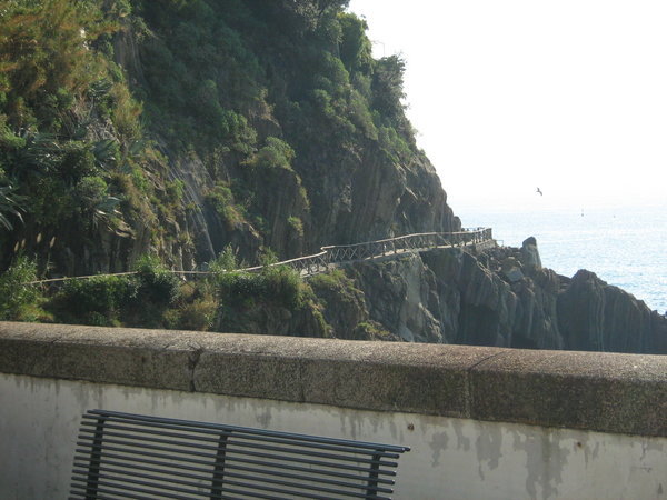 Looking at the Cinque Terre trail from the train