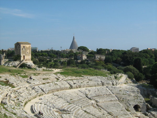 Greek theater with modern church in background