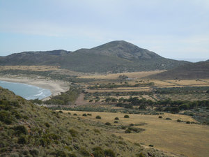 View of the beach we hiked to yesterday from a hill by the windmill outside town