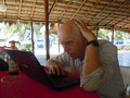 Bill working hard on booking the next hotel!