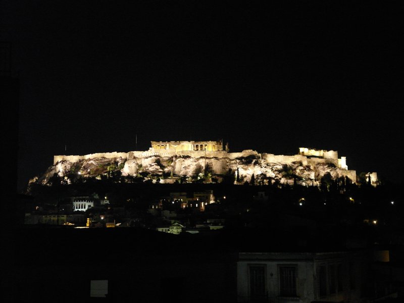 View of the Acropolis from our apartment at night