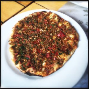 Pizza type thing with lamb.   Famous in Kadikoy
