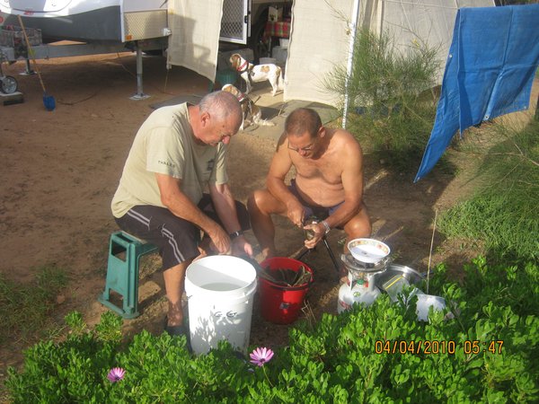 21   4-4-10   The boys cleaning Razor Fish at Louth Bay SA