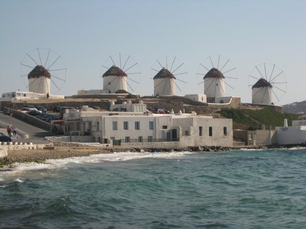 Windmills down by the ocean in the town centre, Mykonos