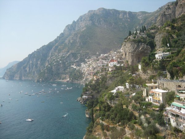 Driving from Positano to Amalfi looking back at the cliffside